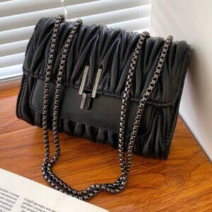 Black Matelasse Luxe Quilted Pleat Mini Bag with Gunmetal Chain Strap NWT